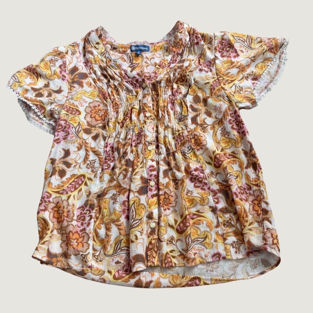 Democracy Button Front Blouse M Paisley Floral Rayon Smocked Flutter Sleeve Pink